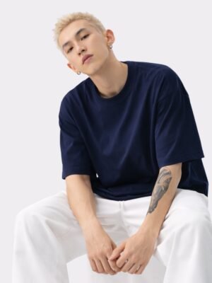Men Solid Round Neck Pure Cotton Navy Blue T-Shirt