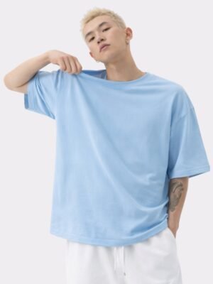 Men Solid Round Neck Pure Cotton Light Blue T-Shirt