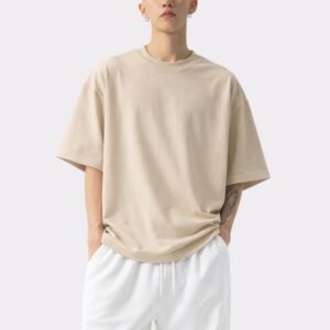 Men Solid Round Neck Pure Cotton Beige T-Shirt