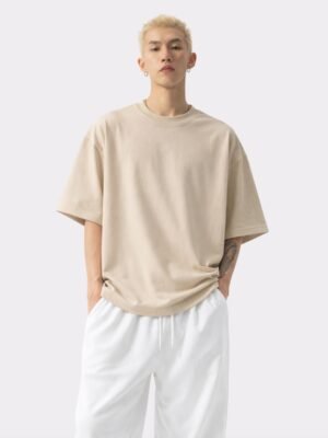 Men Solid Round Neck Pure Cotton Beige T-Shirt