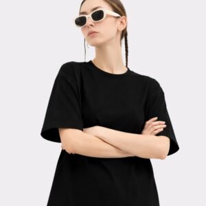 Women Solid Round Neck Pure Cotton Black T-Shirt