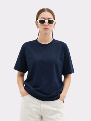 Women Solid Round Neck Pure Cotton Navy Blue T-Shirt